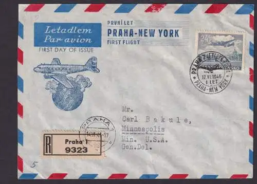 Flugpost Brief Air Mail Tschechoslowakei Prag New York USA Flugzeug ü. Erdkugel