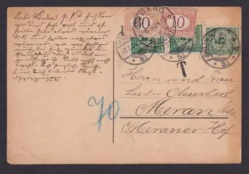 Deutsches Reich Brief MEF 5 Pfg Korbdeckel mit Nachporto Meran Italien ab Erlinn