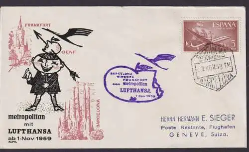 Flugpost Brief Air Mail Lufthansa Frankfurt Genf Schweiz Barcelona Spanien