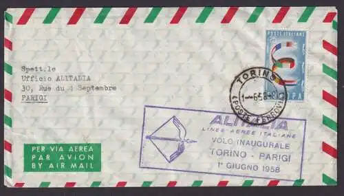Flugpost Brief Air Mail Italien Alitalia Torino Parigi Paris Frankreich 1.6.1956