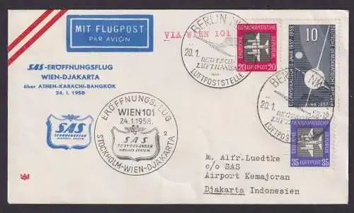 Flugpost Brief Air Mail SAS Eröffnungsflug Wien Djakarta inter. DDR Zuleitung