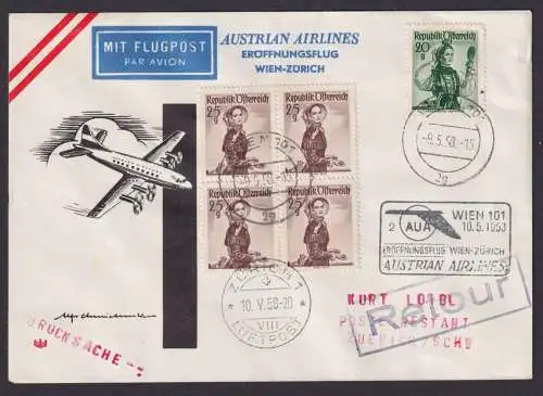 Flugpost Brief Air Mail Österreich Eröffnungsflug MIF Trachten Viererblock Wein