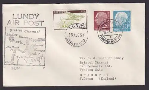 Flugpost Brief Air Mail Bund MIF Heuss auf tollem Beleg LUNDY AIR POST plus ZUF