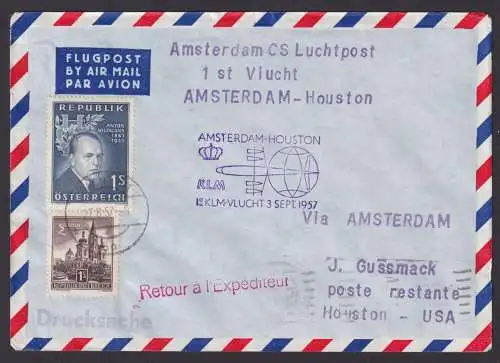Flugpost Brief Air Mail KLM Erstflug Amsterdam Houston Texas USA Zuleitung