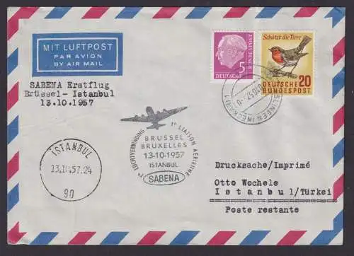 Flugpost Brief Air Mail Sabena Erstflug Brüssel Istanbul Zuleitung ab Esslingen