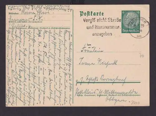Ganzsache Hannover Niedersachsen Deutsches Reich Drittes Reich Karte Postsache