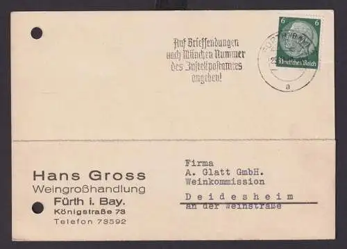 Fürth Bayern Deutsches Reich Drittes Reich Karte Postsache SSTFür Briefsendungen