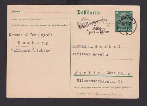 Hamburg Deutsches Reich Drittes Reich Karte SST n. Berlin 30.07.1941