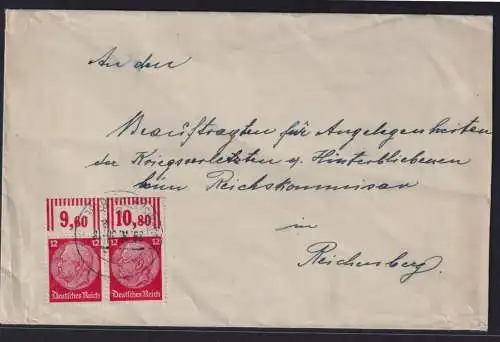Deutsches Reich Brief 12 Pfg. Hindenburg Oberrand Paar Märisch Schonberg nach