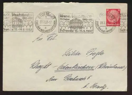 D. Reich Brief EF Hindenburg Motiv SST Stuttgart Württemberg Staats Theater