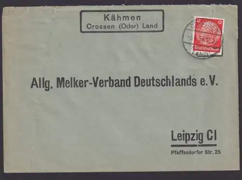 Kähmen über Crossen Oder Brandenburg Deutsches Reich Brief Landpoststempel