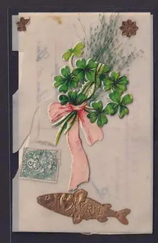 Ansichtskarte Künstlerkarte mit Fisch Applikation Blumen Bukett Kleeblätter