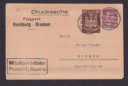 Deutsches Reich Privatganzsache Luftpost Flugpost Hamburg Bremen ab Hamburg