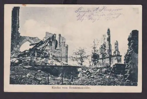 Ansichtskarte Rennenanville Frankreich Zerstörte Kirche im 1. Weltkrieg Feldpost