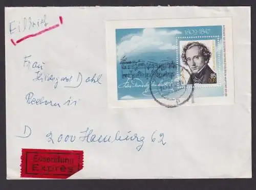 Briefmarken DDR Eilboten Brief EF Block 76 Mendelssohn Bartholdy Weimar via