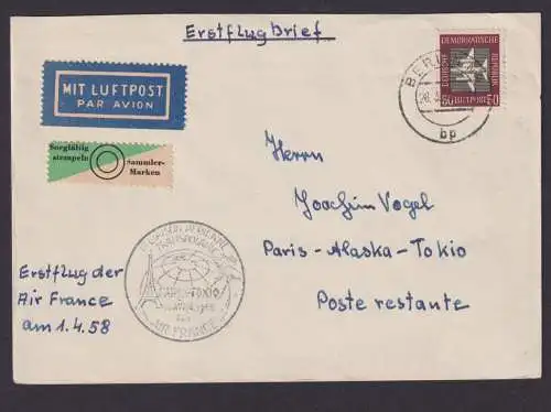 Briefmarken Flugpost Airmail Air France Paris Alaska Tokio DDR Zuleitung Berlin