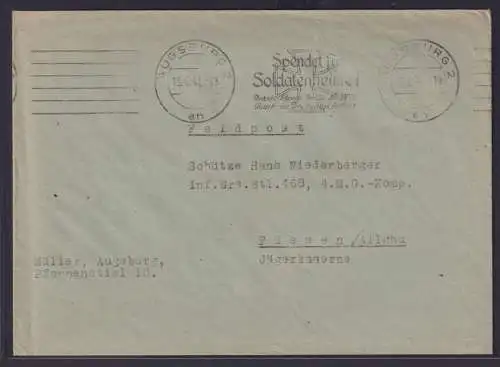 Deutsches Reich Feldpost Brief Maschinenstempel Augsburg Spendet für Soldaten -