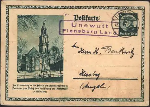 Dt. Reich Ganzsache Reichstag Potsdam Landpoststempel Unewatt Flensburg Land