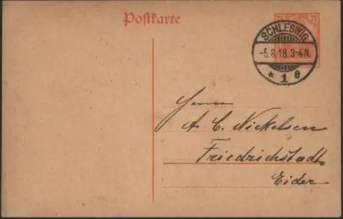 Deutsches Reich Ganzsache P 110 I Schleswig nach Friedrichstadt / Eider 5.8.1918