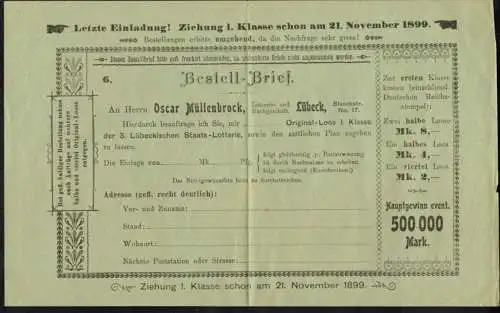 Lübeck Lotterielos der Fa. Oscar Müllenbrock mit Hauptgewinn 500.000 Mark 1899