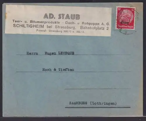 Besetzung Elsaß Brief EF 12 Pfg. Hindenburg mit Aufdruck Reklame Schiltigheim