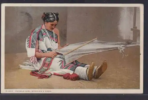 Indianer Ansichtskarte Pueblo Mädchen Weben Handwerk nach Richmond Hill 06.1924