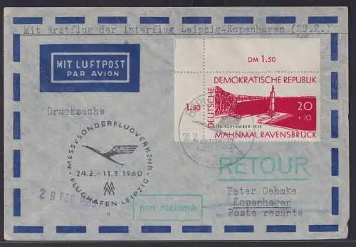 Flugpost DDR Brief Bogenecke Eckrand Interflug Leipzig Kopenhagen 1960