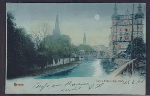 Ansichtskarte Barmen Wuppertal Mondscheinlitho Wupper Fluß Brücke Kirche Neuer