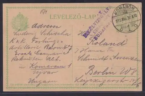 Zensur Ungarn Ganzsache GSK 5 Filler Komárom nach Berlin 28.3.1915