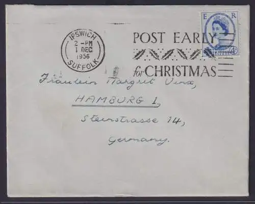 Großbritannien Brief Weihnachten schöner Stempel Ipswich Suffolk n. Hamburg auf