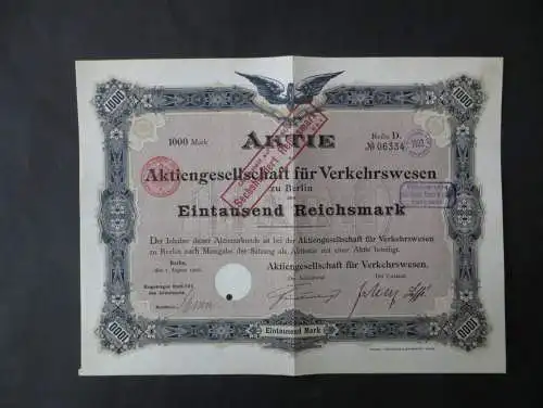 Wertpapier Aktie Verkehrswesen Berlin 1000 Mark Reichsbankschatz Lochentwertung