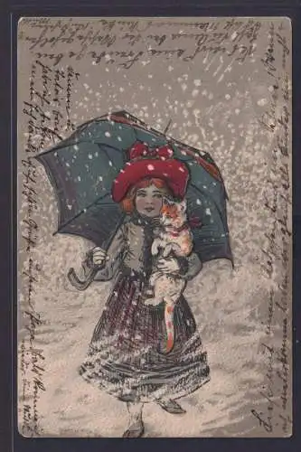 Ansichtskarte Künstlerkarte Prägekarte Mädchen Katze Schneesturm ab Witten NRW