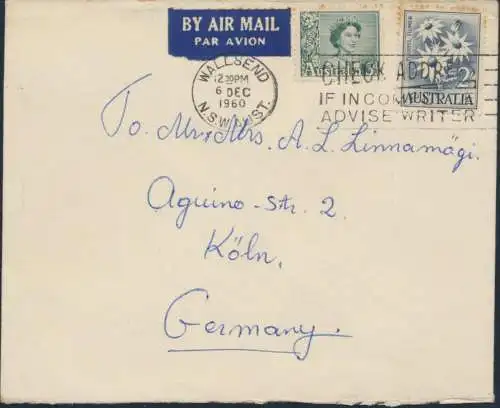 Australien Brief Luftpost MIF 289+299 Wallsend N.S.W. nach Köln 6.12.1960