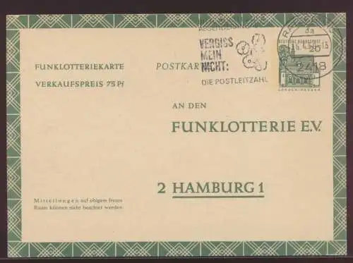 Bund Ganzsache Funkloterie Postkarte FP 12 Werbung Post Postleitzahl Ratzeburg