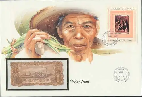 Banknotenbrief Vietnam Schein + Briefmarkenausgabe 1 Dong P80 1984
