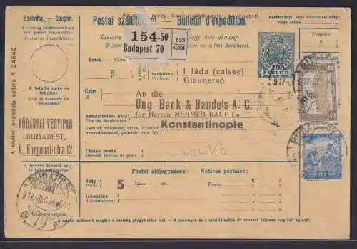 Ungarn Ganzsache Paketkarte 10 Filler blau mit ZuF Budapest nach Konstantinopel