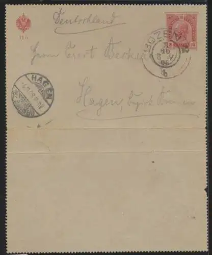 Österreich Italien Südtirol Ganzsache Kartenbrief Bozen nach Hagen 3.10.1908