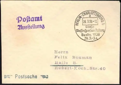 Reich Brief Postsache SST Berlin Charlottenburg Wassersportausstellung 1938