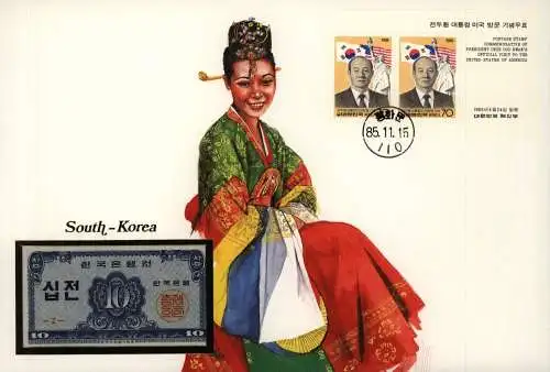 Geldschein Banknote Banknotenbrief Südkorea Schein und Briefmarkenausgabe Asien