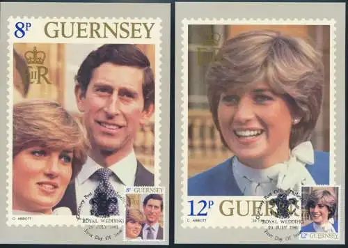 Guernsey 7 Künstlerkarten Hochzeit von Prinz Charles und Diana Ersttagsstempel