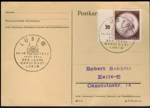 Deutsches Reich 810 vom Rand a. Postkarte Mozart Komponist Musik mit SST Lübeck