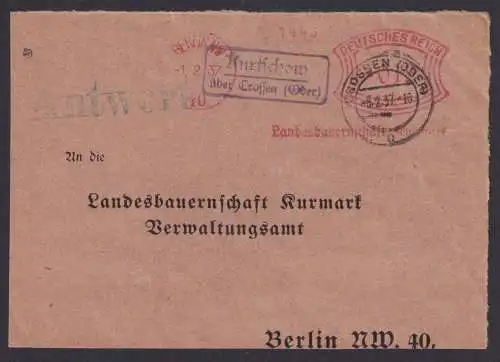 Kurtschow über Crossen Oder Brandenburg Deutsches Reich Brief Landpoststempel