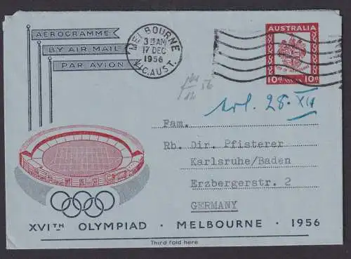 Melbourne Australien Luftpost Ganzsache Olympia 1956 Karlsruhe Baden
