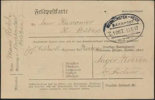Bahnpost Vordruck Feldpostkarte Neumüneter Heide Zug 1067 19.8.1917 I. Weltkrieg