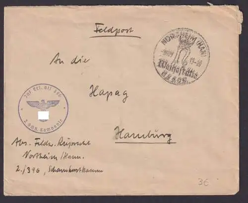 Northeim Hannover K1 Weihestätte Deutsches Reich Feldpost Brief SSt Hamburg