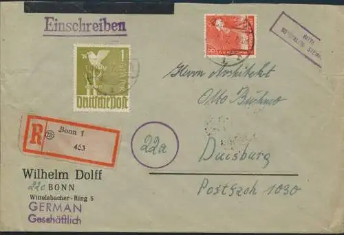 Alliierte Besetzung Brief R-Brief 945 a + 959 a Taube Bonn nach Duisburg