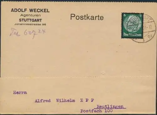 Deutsches Reich Postkarte EF 550 Stuttgart Reutlingen betr. Gramola Gerät Musik