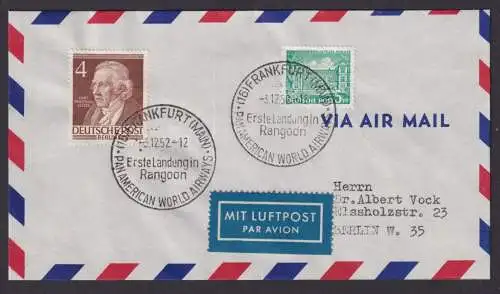 Pan American Flugpost Air Mail Brief Frankfurt 1 Landung Rangoon Burma + schöne