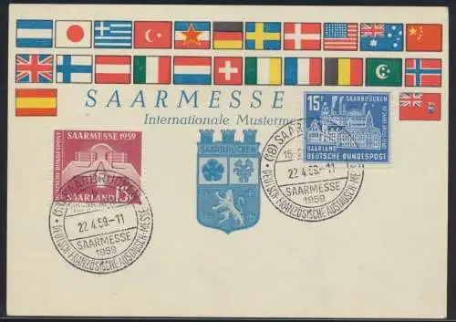 Saarland Brief 446-447 schöne Anlasskarte Deutsch Frankreich Austauschmesse 1959