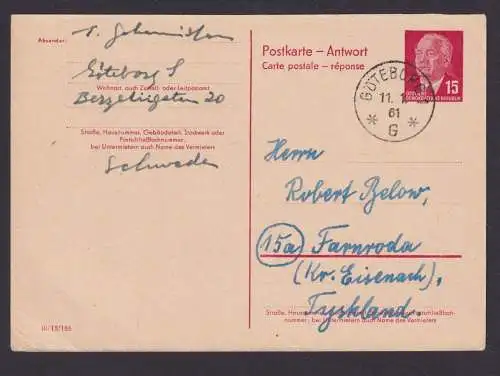 DDR Ganzsache P 65 b Pieck Antwort Göteburg Schweden nach Farnroda Eisenach 50,-